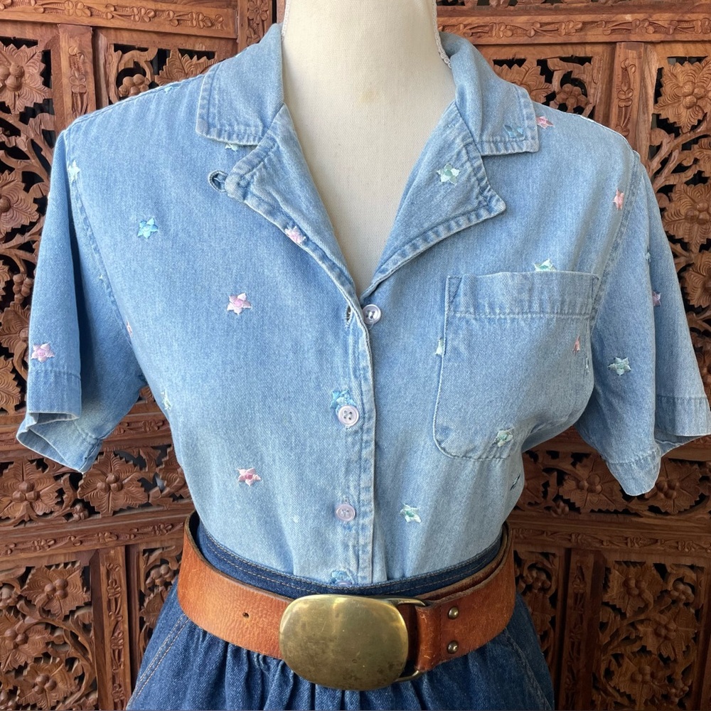 Vintage Light Wash Boxy Jean Denim Button-Up Shirt with Pastel Star Embroidery